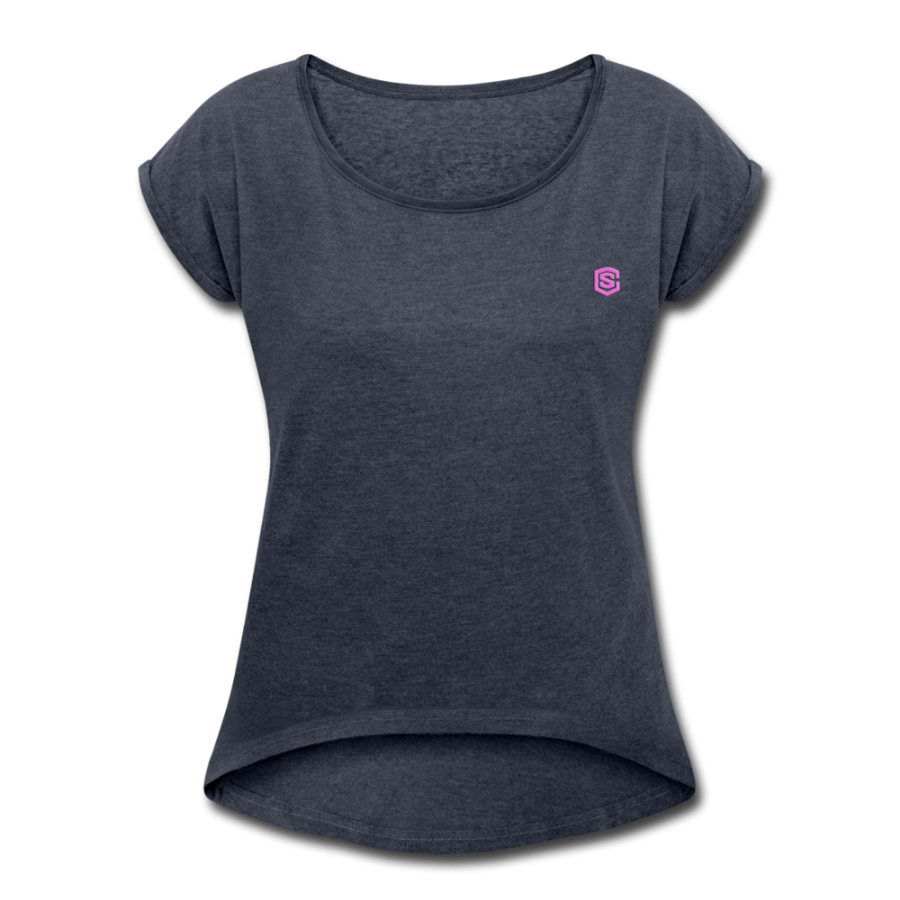 Women's Roll Cuff T-Shirt    WITH PINK LOGO - navy heather