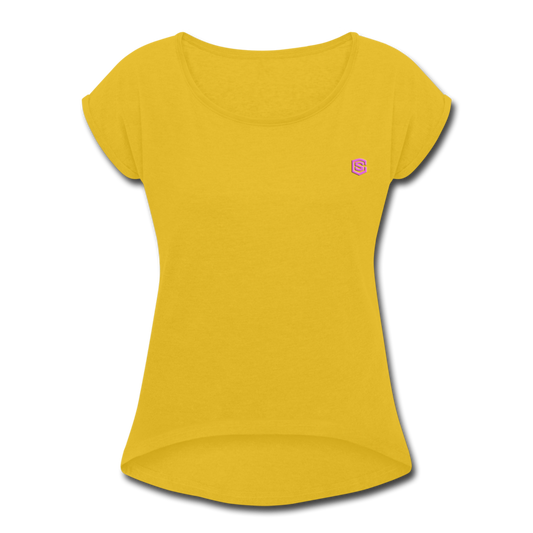 Women's Roll Cuff T-Shirt    WITH PINK LOGO - mustard yellow