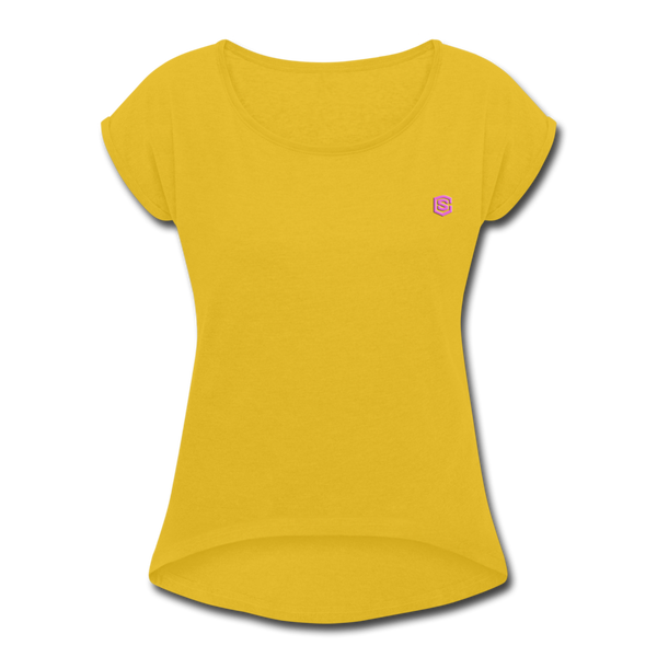 Women's Roll Cuff T-Shirt    WITH PINK LOGO - mustard yellow