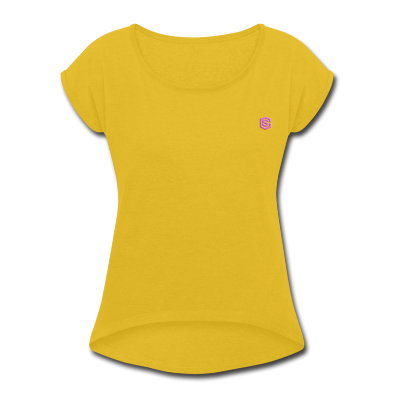 Women's Roll Cuff T-Shirt    WITH PINK LOGO - mustard yellow