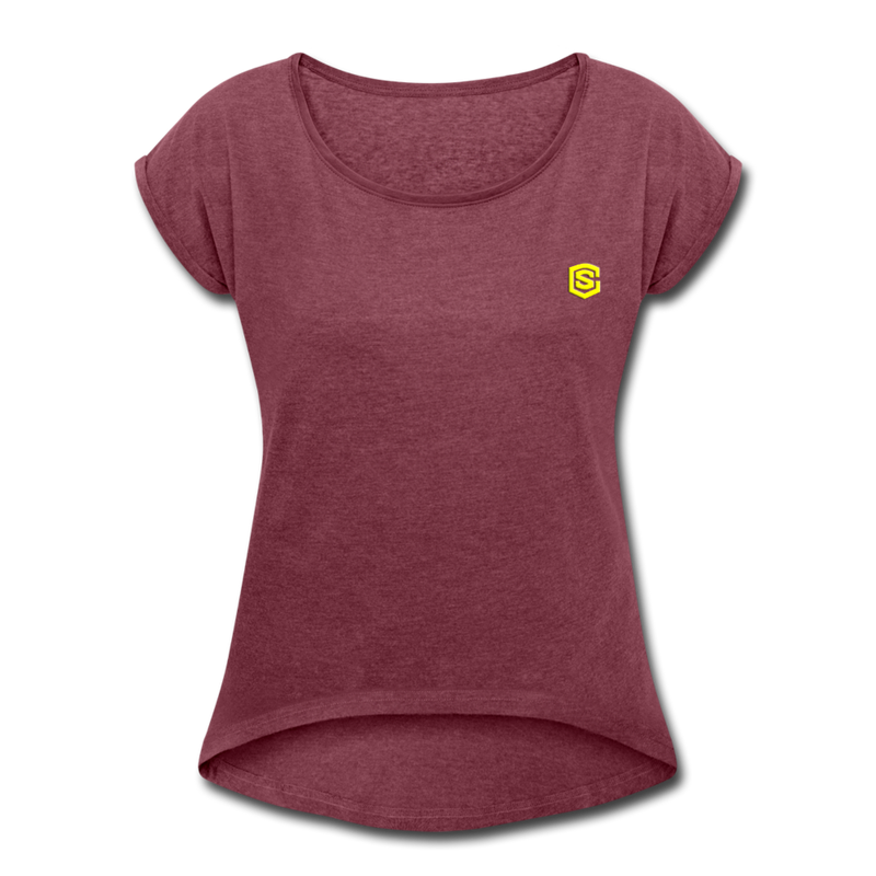 Women's Roll Cuff T-Shirt  WITH YELLOW  LOGO - heather burgundy