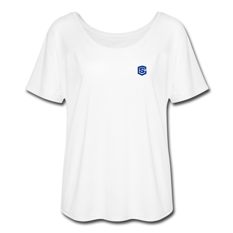 Women’s Flowy T-Shirt   WITH BLUE LOGO - white