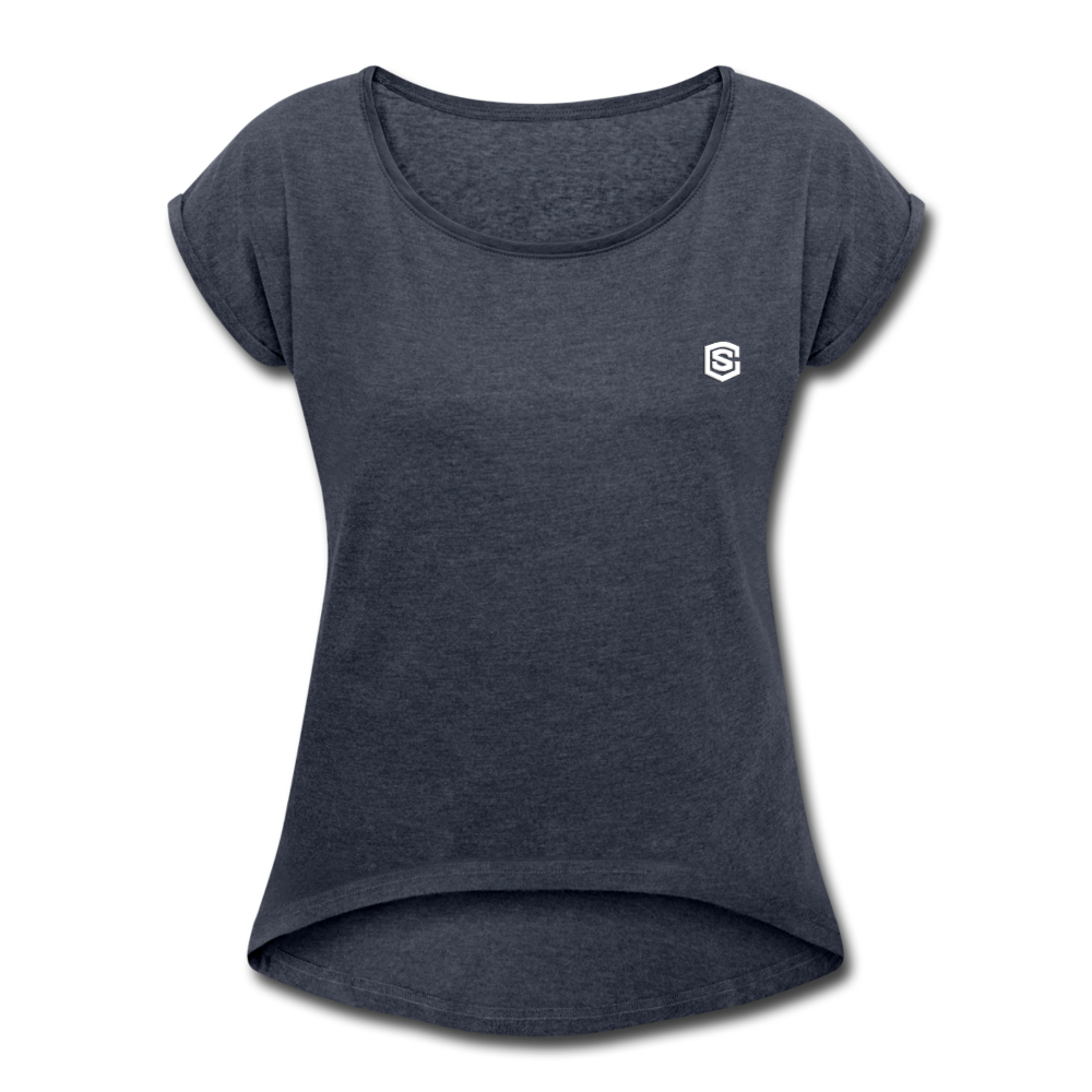 Women's Roll Cuff T-Shirt   WITH WHITE  LOGO - navy heather