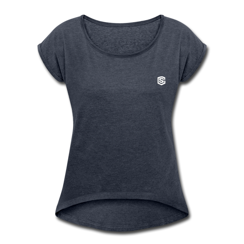 Women's Roll Cuff T-Shirt   WITH WHITE  LOGO - navy heather