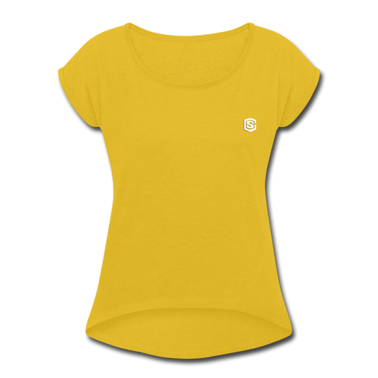 Women's Roll Cuff T-Shirt   WITH WHITE  LOGO - mustard yellow
