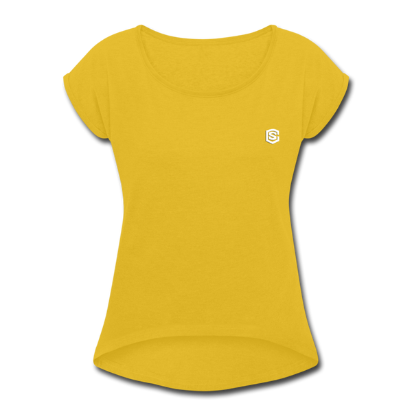 Women's Roll Cuff T-Shirt   WITH WHITE  LOGO - mustard yellow