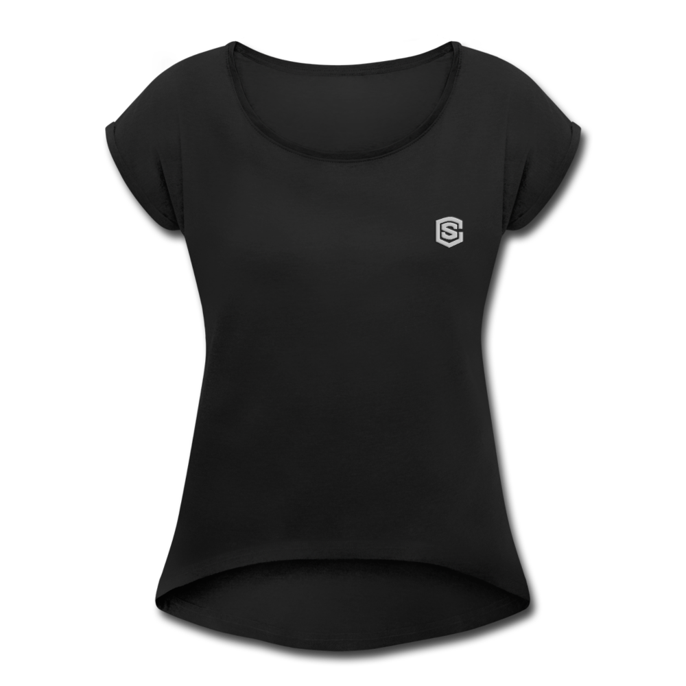 Women's Roll Cuff T-Shirt  WITH SILIVER  LOGO - black