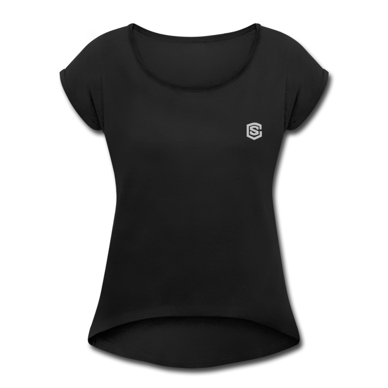 Women's Roll Cuff T-Shirt  WITH SILIVER  LOGO - black