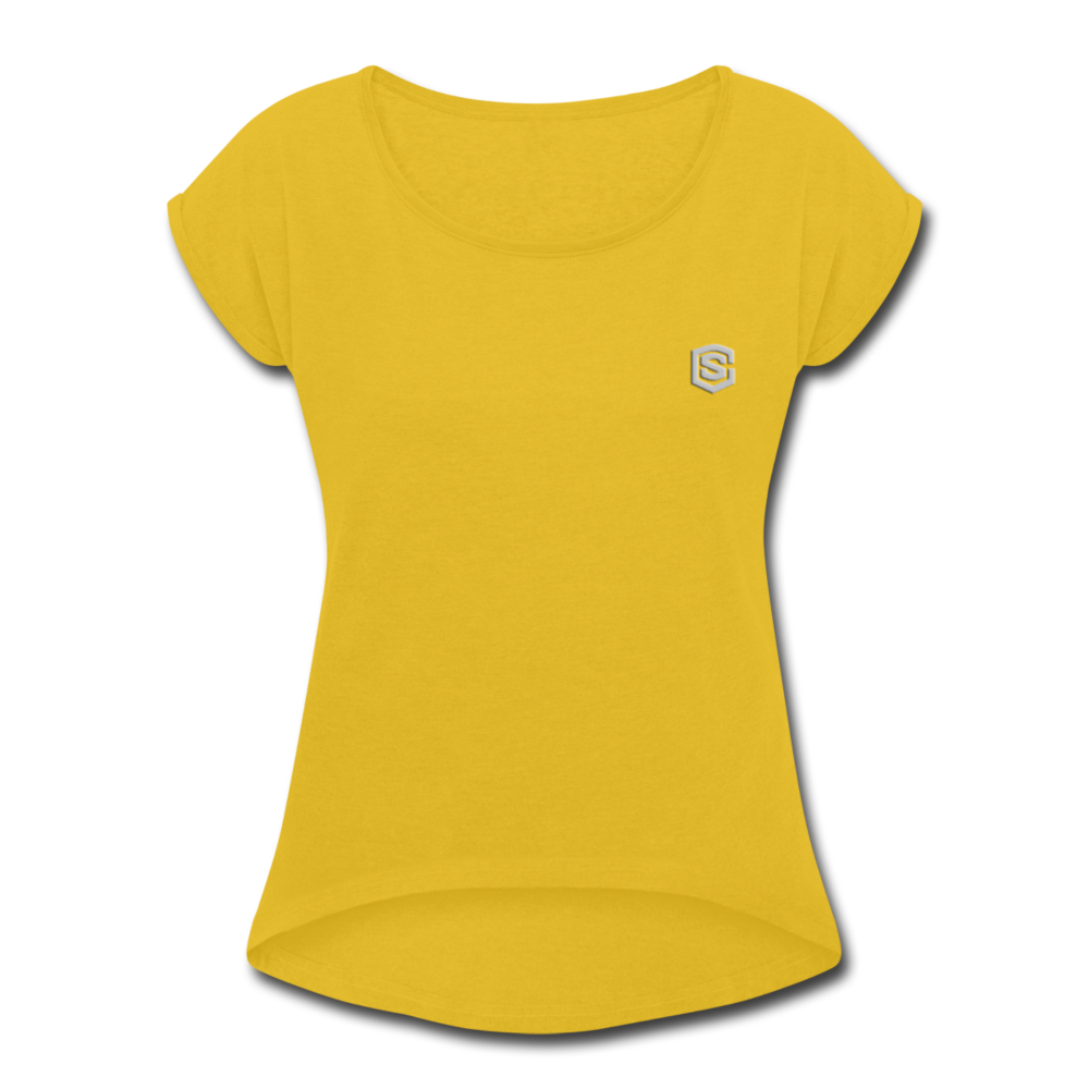 Women's Roll Cuff T-Shirt  WITH SILIVER  LOGO - mustard yellow
