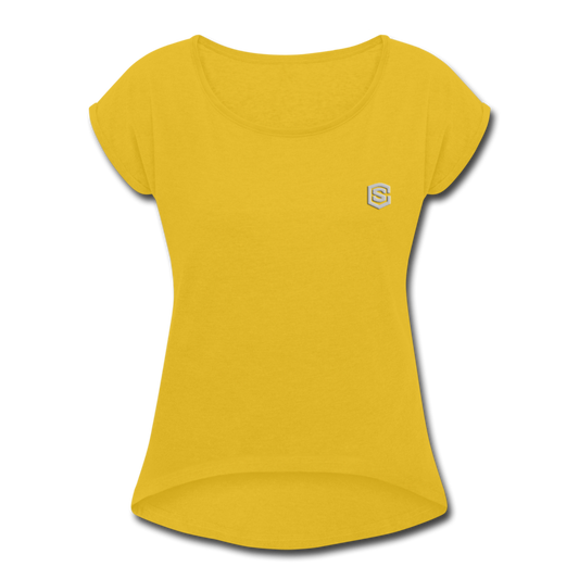 Women's Roll Cuff T-Shirt  WITH SILIVER  LOGO - mustard yellow