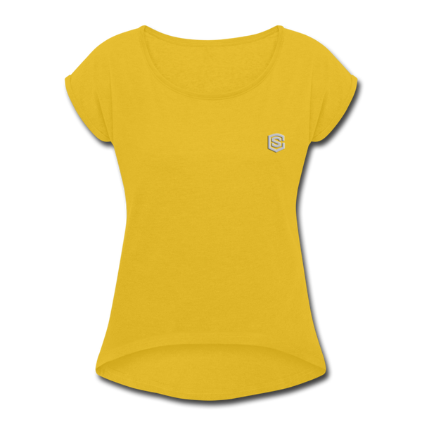 Women's Roll Cuff T-Shirt  WITH SILIVER  LOGO - mustard yellow