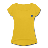 Women's Roll Cuff T-Shirt   WITH BLUE LOGO - mustard yellow