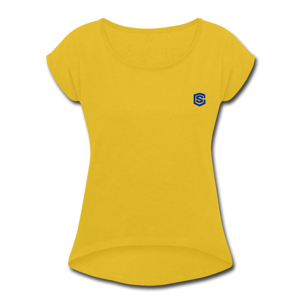 Women's Roll Cuff T-Shirt   WITH BLUE LOGO - mustard yellow