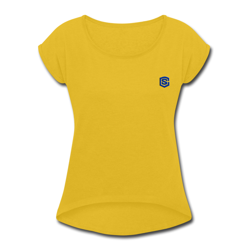 Women's Roll Cuff T-Shirt   WITH BLUE LOGO - mustard yellow