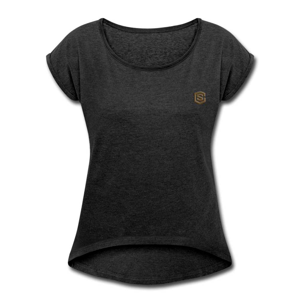 Women's Roll Cuff T-Shirt   WITH BROWN  LOGO - heather black