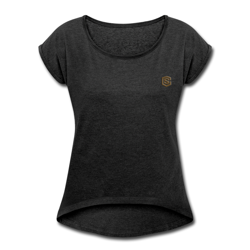 Women's Roll Cuff T-Shirt   WITH BROWN  LOGO - heather black