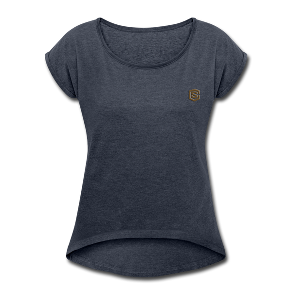 Women's Roll Cuff T-Shirt   WITH BROWN  LOGO - navy heather