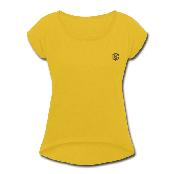 Women's Roll Cuff T-Shirt   WITH BROWN  LOGO - mustard yellow