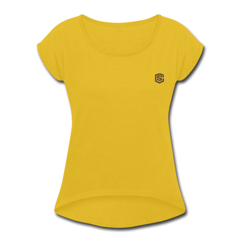 Women's Roll Cuff T-Shirt   WITH BROWN  LOGO - mustard yellow