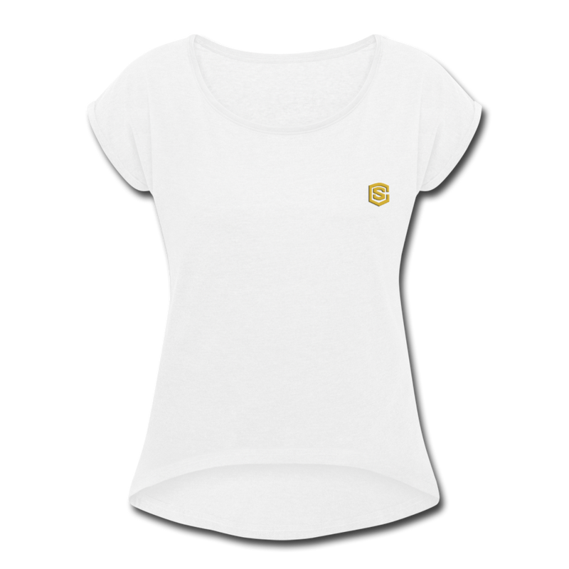 Women's Roll Cuff T-Shirt   WITH GOLD  LOGO - white