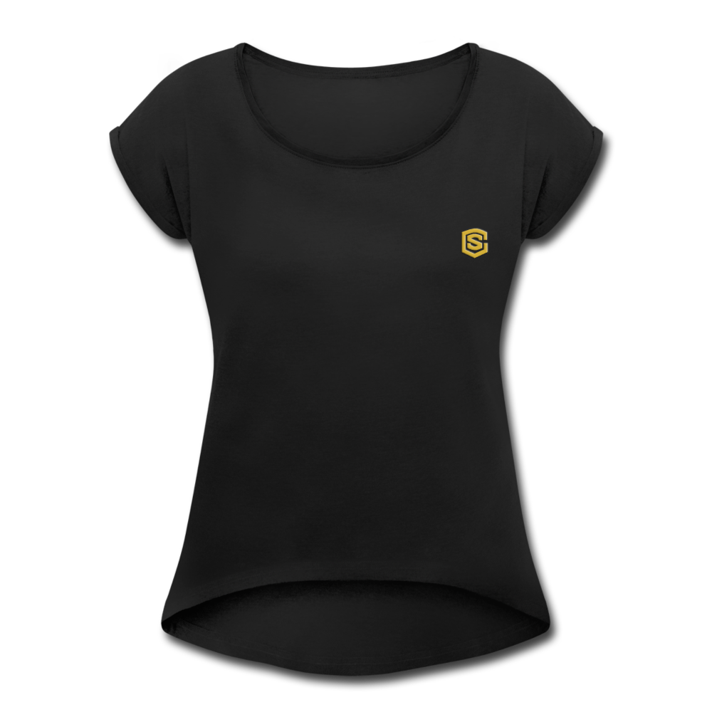 Women's Roll Cuff T-Shirt   WITH GOLD  LOGO - black