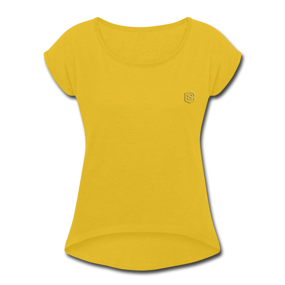 Women's Roll Cuff T-Shirt   WITH GOLD  LOGO - mustard yellow