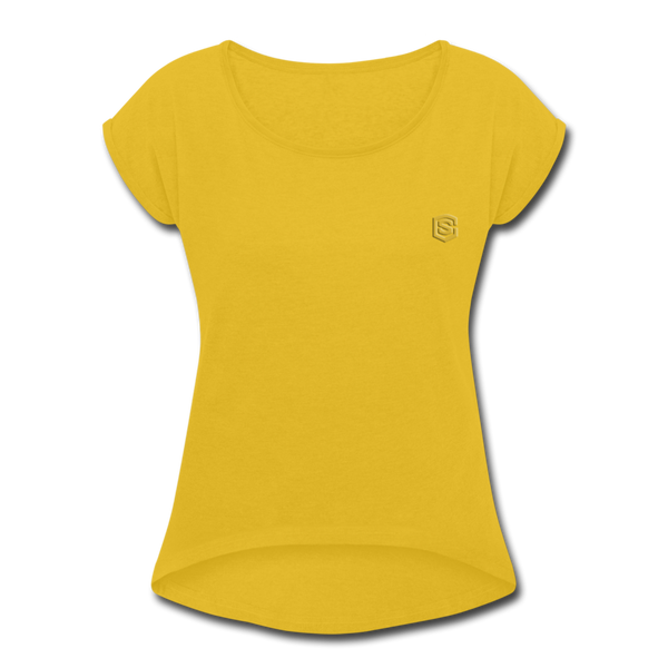 Women's Roll Cuff T-Shirt   WITH GOLD  LOGO - mustard yellow