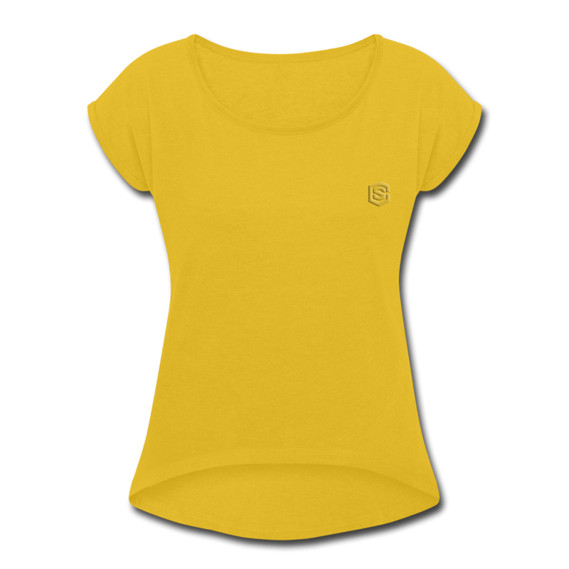 Women's Roll Cuff T-Shirt   WITH GOLD  LOGO - mustard yellow