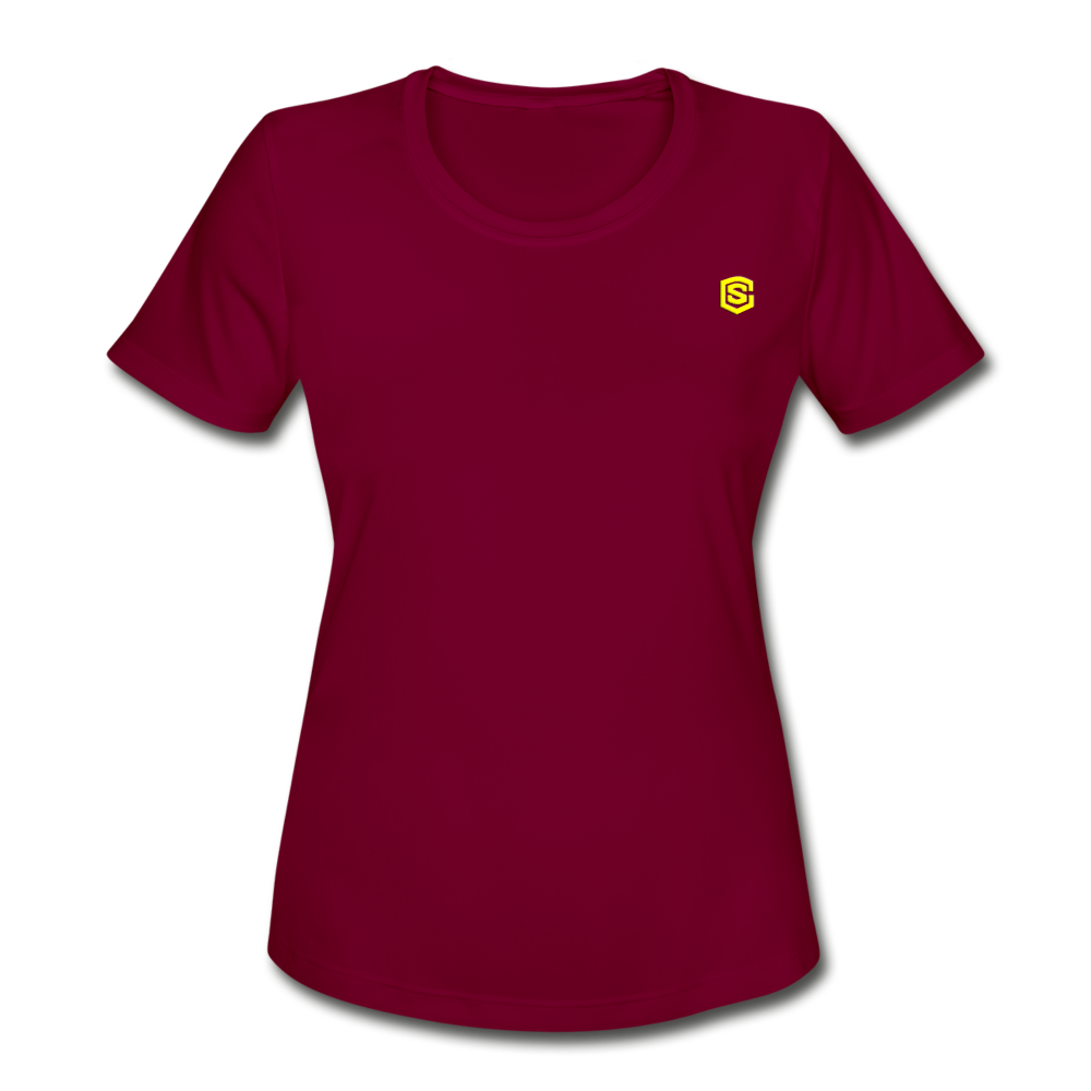 Women's Moisture Wicking Performance T-Shirt   WITH YELLOW LOGO - burgundy