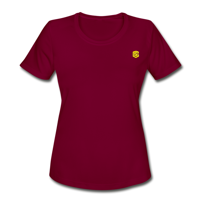 Women's Moisture Wicking Performance T-Shirt   WITH YELLOW LOGO - burgundy