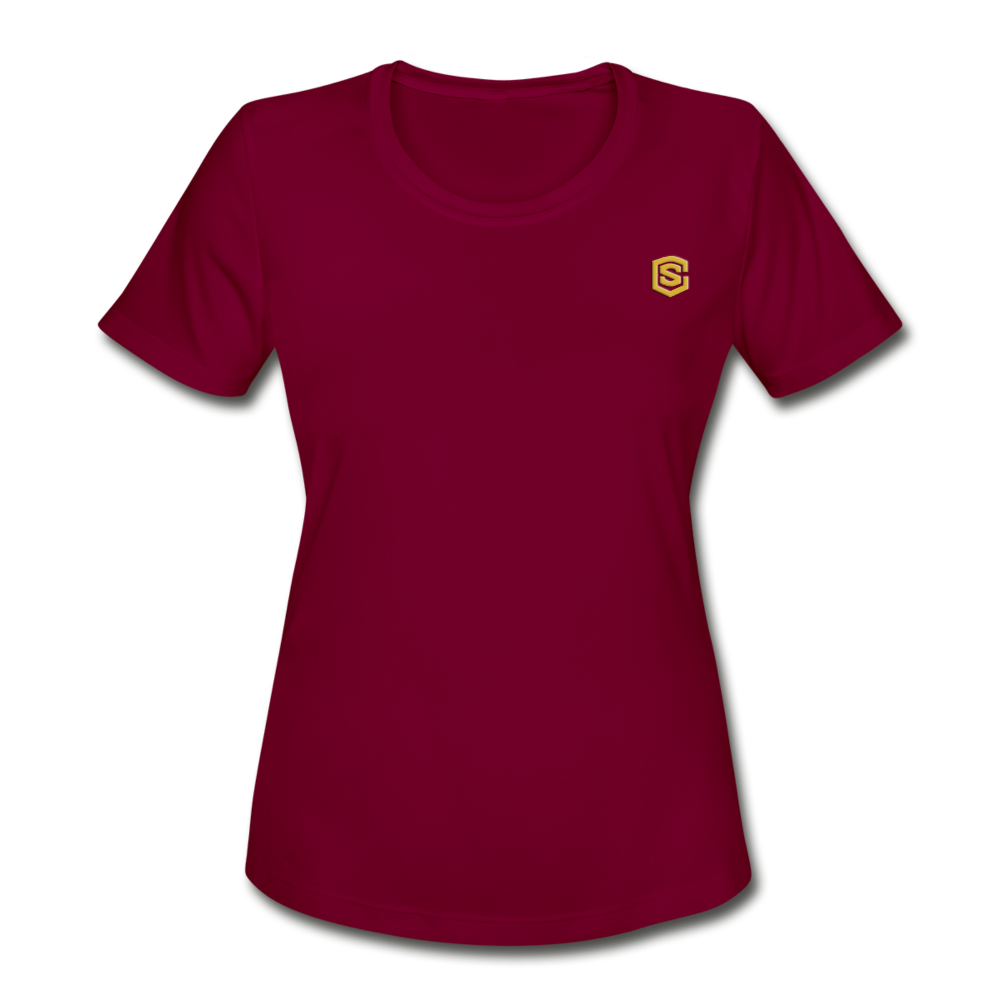 Women's Moisture Wicking Performance T-Shirt   WITH GOLD LOGO - burgundy