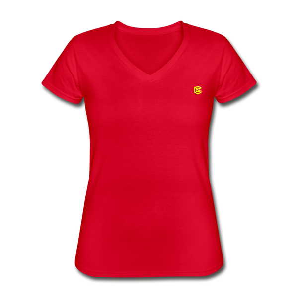 Women's V-Neck T-Shirt  WITH YELLOW LOGO - red