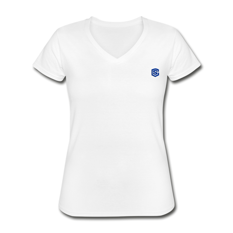 Women's V-Neck T-Shirt  WITH BLUE  LOGO - white