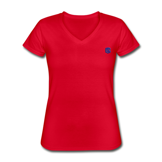 Women's V-Neck T-Shirt  WITH BLUE  LOGO - red