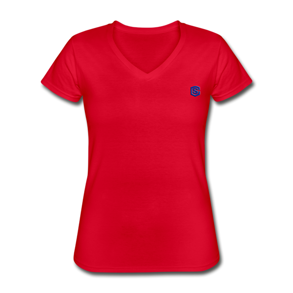 Women's V-Neck T-Shirt  WITH BLUE  LOGO - red