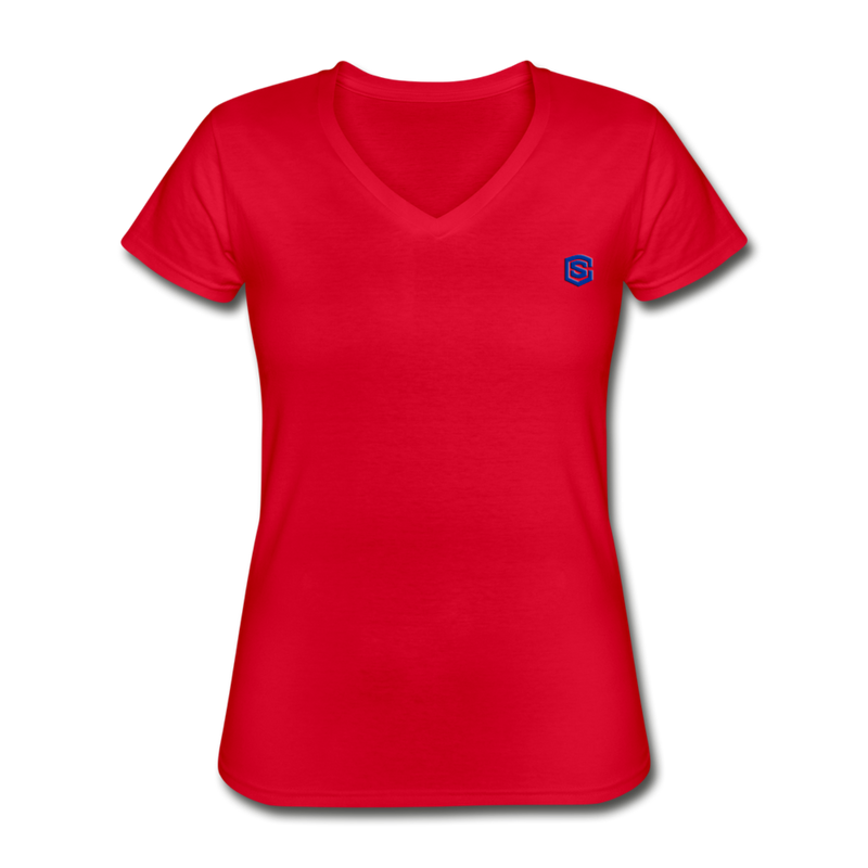 Women's V-Neck T-Shirt  WITH BLUE  LOGO - red