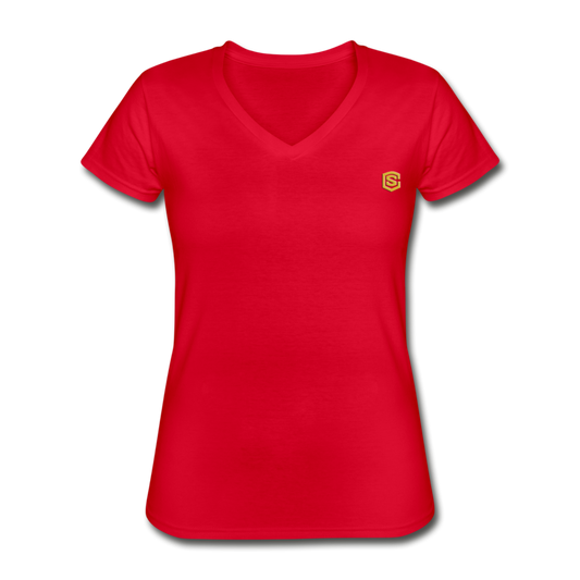 Women's V-Neck T-Shirt  WITH GOLD  LOGO - red