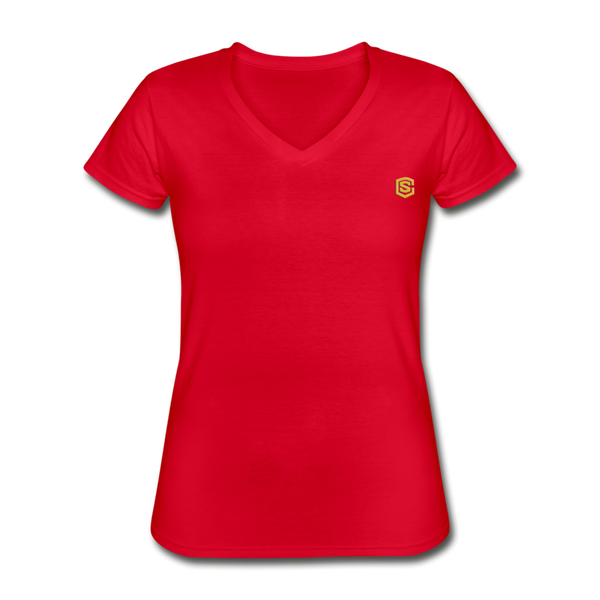 Women's V-Neck T-Shirt  WITH GOLD  LOGO - red