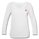 Women’s Long Sleeve  V-Neck Flowy Tee  WITH RED  LOGO - white