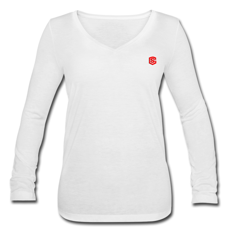 Women’s Long Sleeve  V-Neck Flowy Tee  WITH RED  LOGO - white