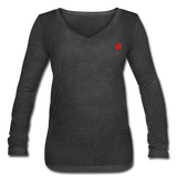 Women’s Long Sleeve  V-Neck Flowy Tee  WITH RED  LOGO - deep heather