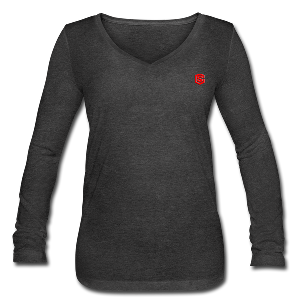 Women’s Long Sleeve  V-Neck Flowy Tee  WITH RED  LOGO - deep heather