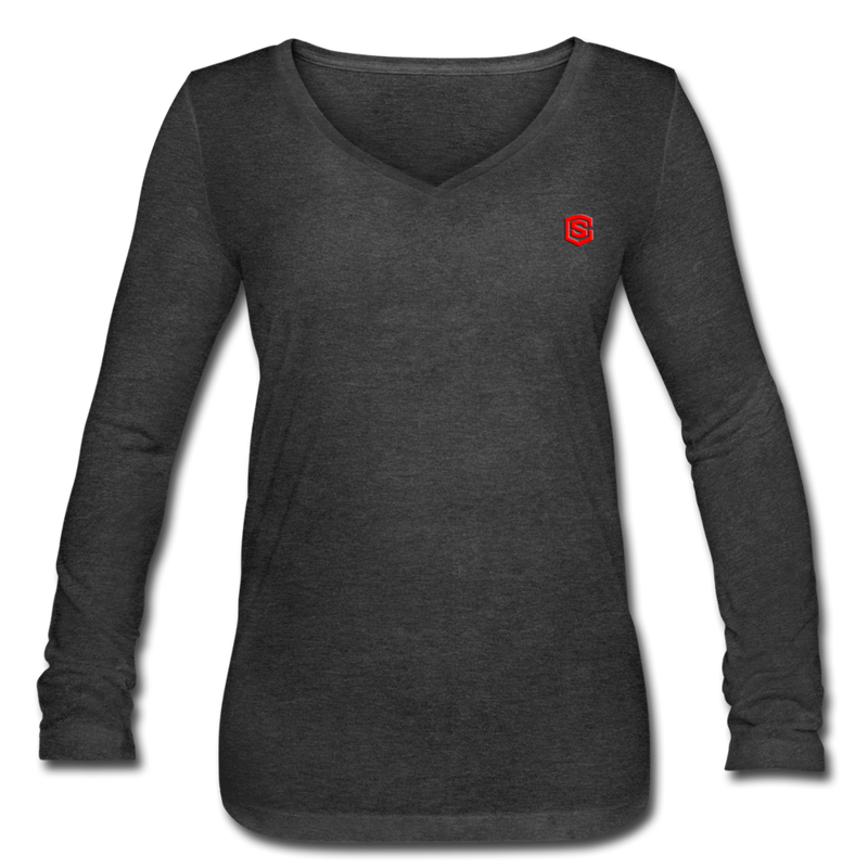 Women’s Long Sleeve  V-Neck Flowy Tee  WITH RED  LOGO - deep heather