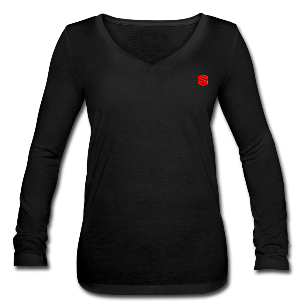 Women’s Long Sleeve  V-Neck Flowy Tee  WITH RED  LOGO - black