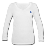 Women’s Long Sleeve  V-Neck Flowy Tee  WITH BLUE  LOGO - white