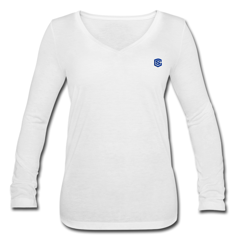 Women’s Long Sleeve  V-Neck Flowy Tee  WITH BLUE  LOGO - white