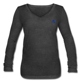 Women’s Long Sleeve  V-Neck Flowy Tee  WITH BLUE  LOGO - deep heather