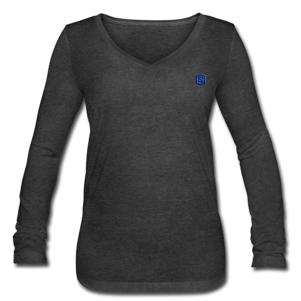 Women’s Long Sleeve  V-Neck Flowy Tee  WITH BLUE  LOGO - deep heather