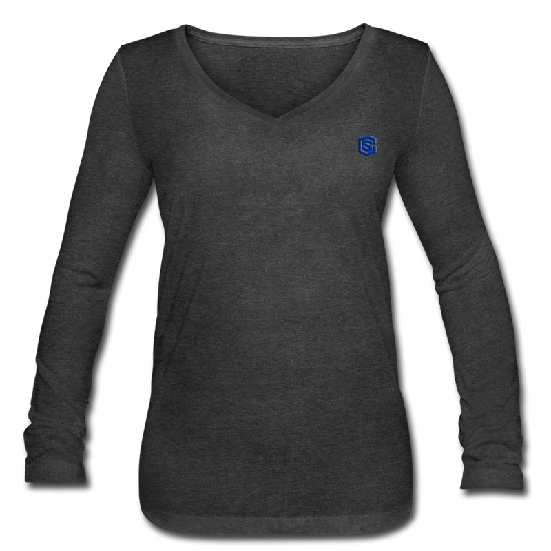 Women’s Long Sleeve  V-Neck Flowy Tee  WITH BLUE  LOGO - deep heather