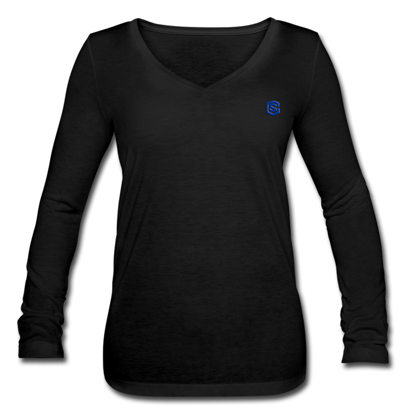 Women’s Long Sleeve  V-Neck Flowy Tee  WITH BLUE  LOGO - black